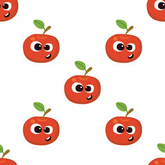 Fruit baby cartoon seamless pattern. Apple character with cute face pattern. Food background for kids wear or toys