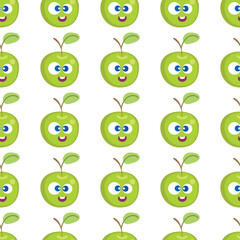 Fruit baby cartoon seamless pattern. Apple character with cute face pattern. Food background for kids wear or toys