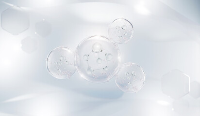 Transparent liquid bubble, Molecule inside liquid bubble on soft background, Cosmetic essence concept, 3d rendering.