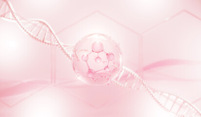 Molecule inside bubble on pink background, Cosmetic Essence oil Liquid, concept skin care cosmetics solution. 3d rendering.