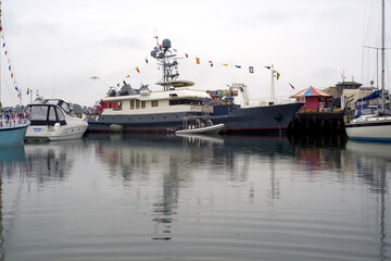 Dr No luxury motor yacht. May Day flags Padstow Cornwall Egnland UK May 1st 2022
