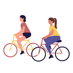 Fototapeta premium Female happy friends riding on bicycles. Outdoor recreation and healthy leisure time activity cartoon vector illustration