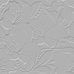 Fototapeta na wymiar Textured floral 3d seamless pattern. Embossed white background. Vintage emboss flowers, leaves. Repeat surface vector backdrop. Tropical floral relief ornaments. Endless texture with embossing effect