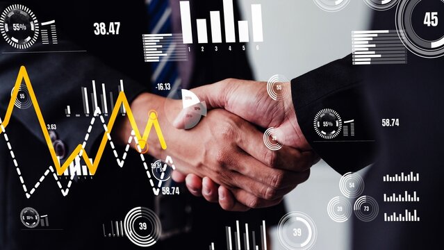 Conceptual business handshake with dashboard for financial data analysis . 3D render computer graphic .