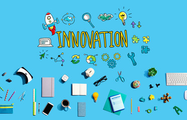 Innovation theme with collection of electronic gadgets and office supplies