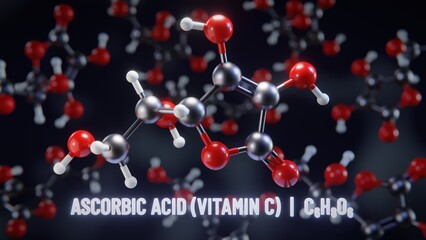 Ascorbic acid (Vitamin C) molecular structure. 3D illustration