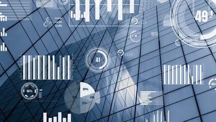 Business data analytic interface fly over smart city showing alteration future of business intelligence. Computer software and artificial intelligence are used to analyze big data for strategic plan .