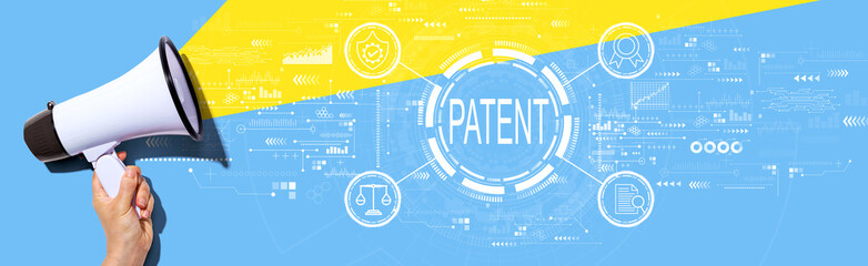 Patent concept with hand holding a white megaphone