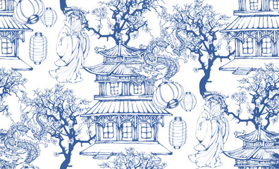 Seamless pattern with Chinese motifs. In style Toile de Jou. Dragons, fairies, palaces, flowering trees.