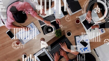 Conceptual vision of business people in the corporate staff meeting . Concept of digital technology...