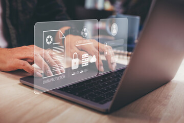 Cyber security concept. Businessmen protecting personal data on laptop and virtual interfaces, user typing login and password, secure Internet access.