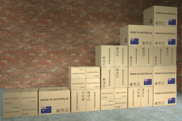 Cartons with MADE IN AUSTRALIA text compose a rising chart, business success related conceptual 3D rendering