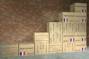 Stacks of boxes with MADE IN FRANCE text make up a rising chart, business success related conceptual 3D rendering