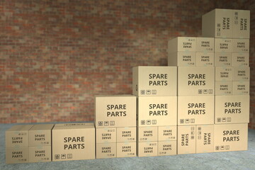 Many cardboard boxes with SPARE PARTS text compose a rising chart. Business growth conceptual 3D rendering