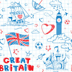 Cute and lovely hand drawn doodle poster.  Cartoon ink seamless pattern with Great Britain flag, castle, Big Ben, stars, hearts, crowns on the paper sheet. Tourism vector background.