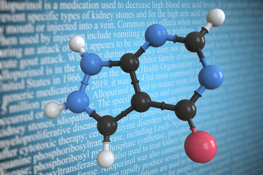 Molecular model of allopurinol, 3D rendering