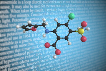 Furosemide scientific molecular model, 3D rendering