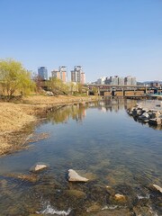 Dongdaemun-gu, Seoul, South Korea - 1st May 2022 : Scenery of Jungnangcheon Stream near Seokgye subway station