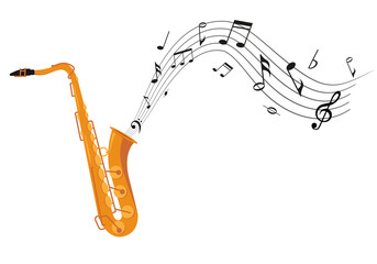 Plakat Golden saxophone with music notes isolated on white background. Wind classical jazz musical instrument. Vector illustration in flat or cartoon style