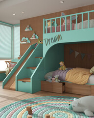 Cozy wooden children bedroom with bunk bed in turquoise and pastel tones, duvet and pillows, window, venetian blinds, sofa, desk with chair, carpet, toys and decors. Interior design