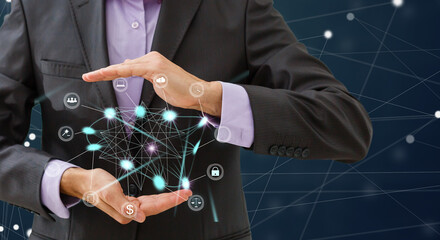 Digital communication and virtual screen metaverse technology concept WEB 3.0.hand touch globe internet.