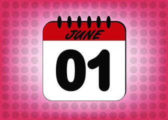 Day 1 June calendar. Banner with calendar page template for june days in red color with polka dot background