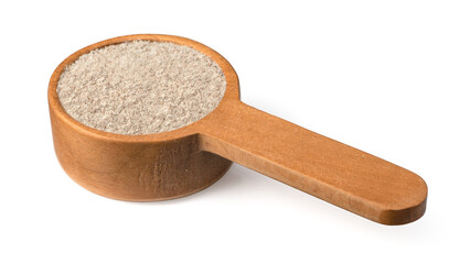 Fototapeta na wymiar Raw rye flour in the wooden spoon, isolated on white background.