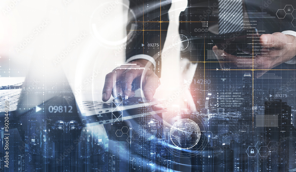 Poster data science, digital technology, internet global network, big data concept. computer programmer wor