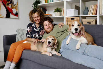 Bearded overweight man lying on sofa with his pets around and his girlfriend sitting behind and embracing him, they spending time at home - obrazy, fototapety, plakaty