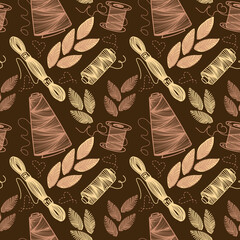Seamless pattern of thread and embroidery, hand-drawn doodle elements in sketch style. Sewing thread. Embroidered leaves. Sewing. Embroidery. Thread. Handmade. Vector simple illustration.