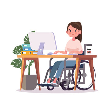 Disabled woman sits in a wheelchair at a desk at a computer.