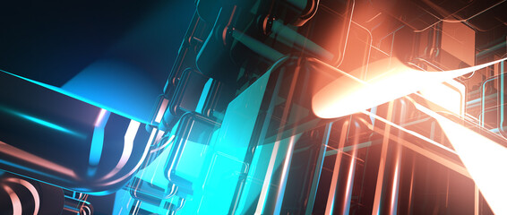 Abstract technology background design in retro futuristic glow style with colorful glowing light lines. Abstract 3d Render.