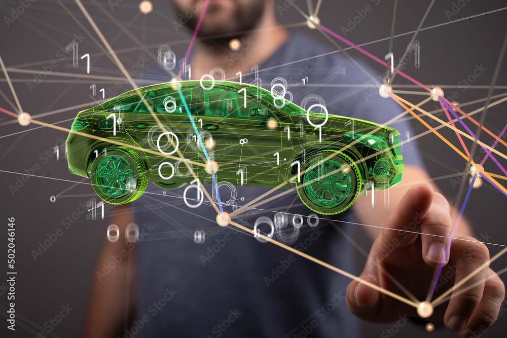 Poster Autonomous car with HUD graphic of Navigation system driving