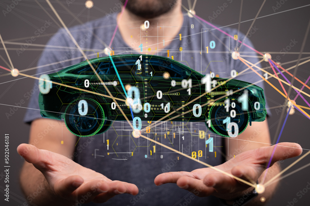 Poster Autonomous car with HUD graphic of Navigation system driving