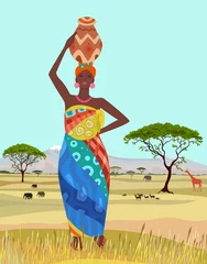Poster african woman carrying vase with water on her head in colorful p © Aloksa