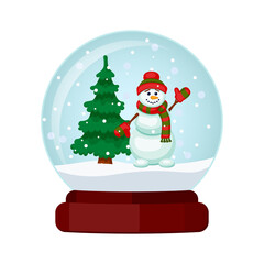 A glass ball with a snowman and a Christmas tree