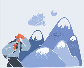 Vector illustration of Man looking at the cliff mounting. He wants to conquer the top. Overcoming and growth concept