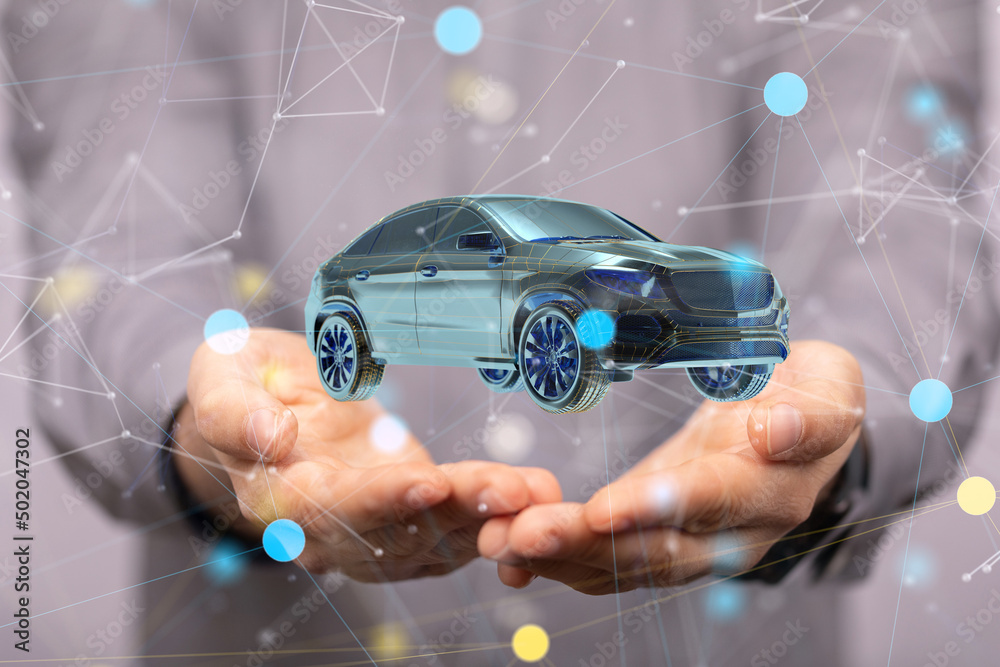 Poster autonomous car with hud graphic of navigation system driving