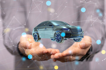 Autonomous car with HUD graphic of Navigation system driving