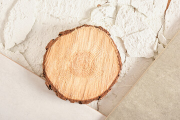 tree circle wooden platform, presentation of natural cosmetic products, mock up, copy space