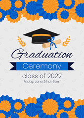 High school graduation ceremony and party invitation template. Greeting card concept for social media. Graduation cap with diploma and blue decoration. Vector illustration flyer