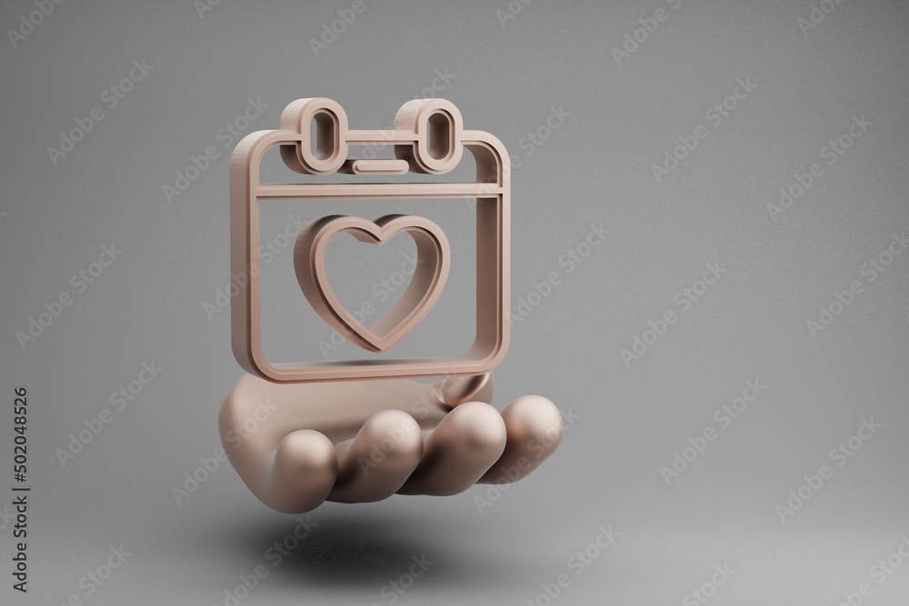 Poster Beautiful abstract illustrations Golden Hand Holding Calendar with heart symbol icon on a gray background. 3d rendering illustration. Background pattern for design. Mothers Day.