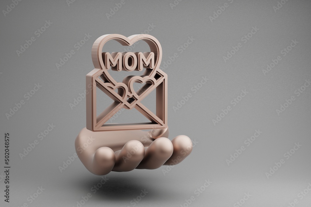 Poster Beautiful abstract illustrations Golden Hand Holding message with word mom and heart symbol icon on a gray background. 3d rendering illustration. Background pattern for design. Mothers Day.