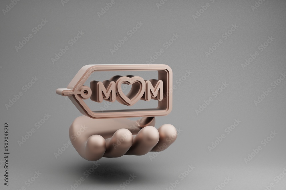 Poster beautiful abstract illustrations golden hand holding badge with word mom and heart symbol icon on a 