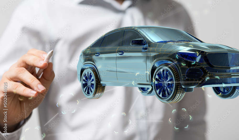 Poster autonomous car with hud graphic of navigation system driving