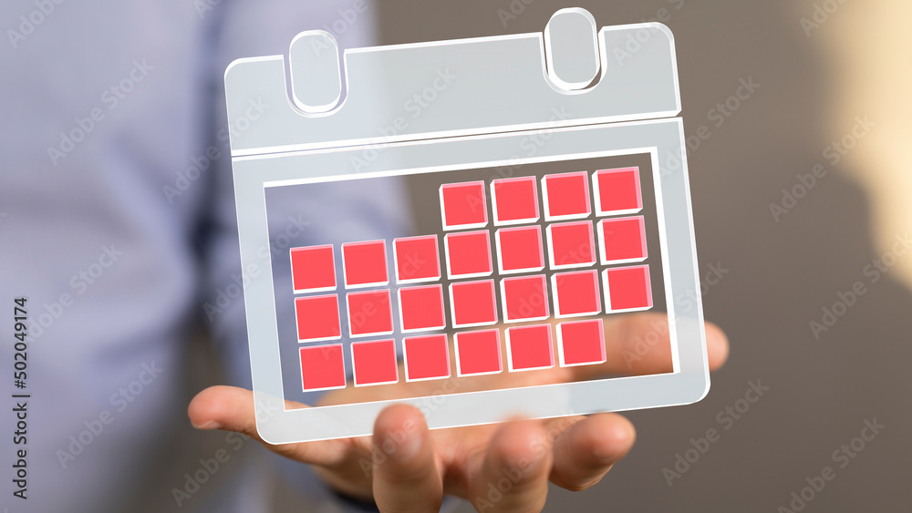 Poster minimal calendar icon with hand isolate on soft pink background. paper calendar icons. calendar date