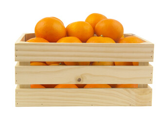 Ripe mandarins in wooden crate isolated on white background