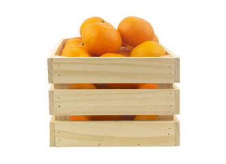 Tangerines in wooden box isolated on white background
