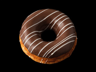Biscuit donut with chocolate icing on a black background