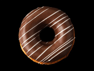 Biscuit donut with chocolate icing on a black background